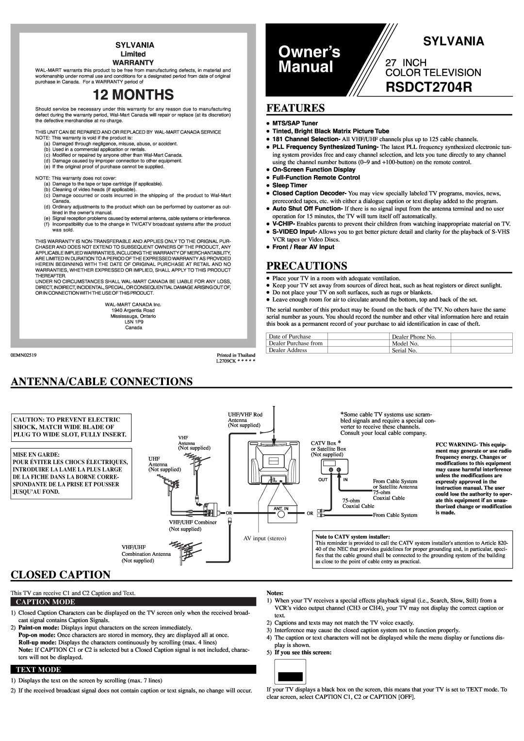 Sylvania RSDCT2704R owner manual Features, Precautions, Antenna/Cable Connections, Closed Caption, Caption Mode, Text Mode 