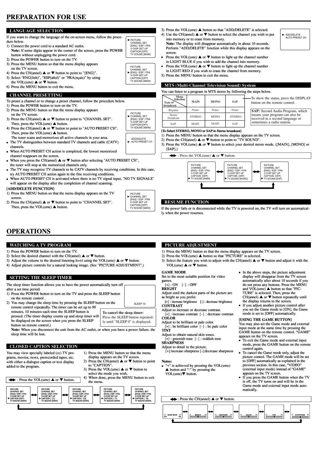 Sylvania RSDCT2704R Preparation For Use, Operations, Language Selection, Channel Presetting, Resume Function, Game Mode 