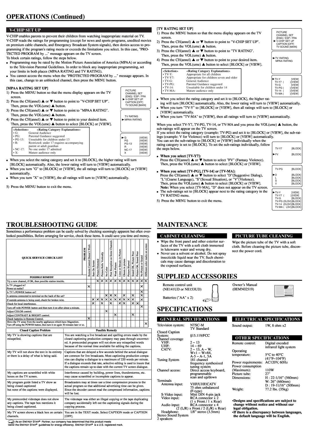 Sylvania RSDCT2704R OPERATIONS Continued, Troubleshooting Guide, Maintenance, Supplied Accessories, Specifications 