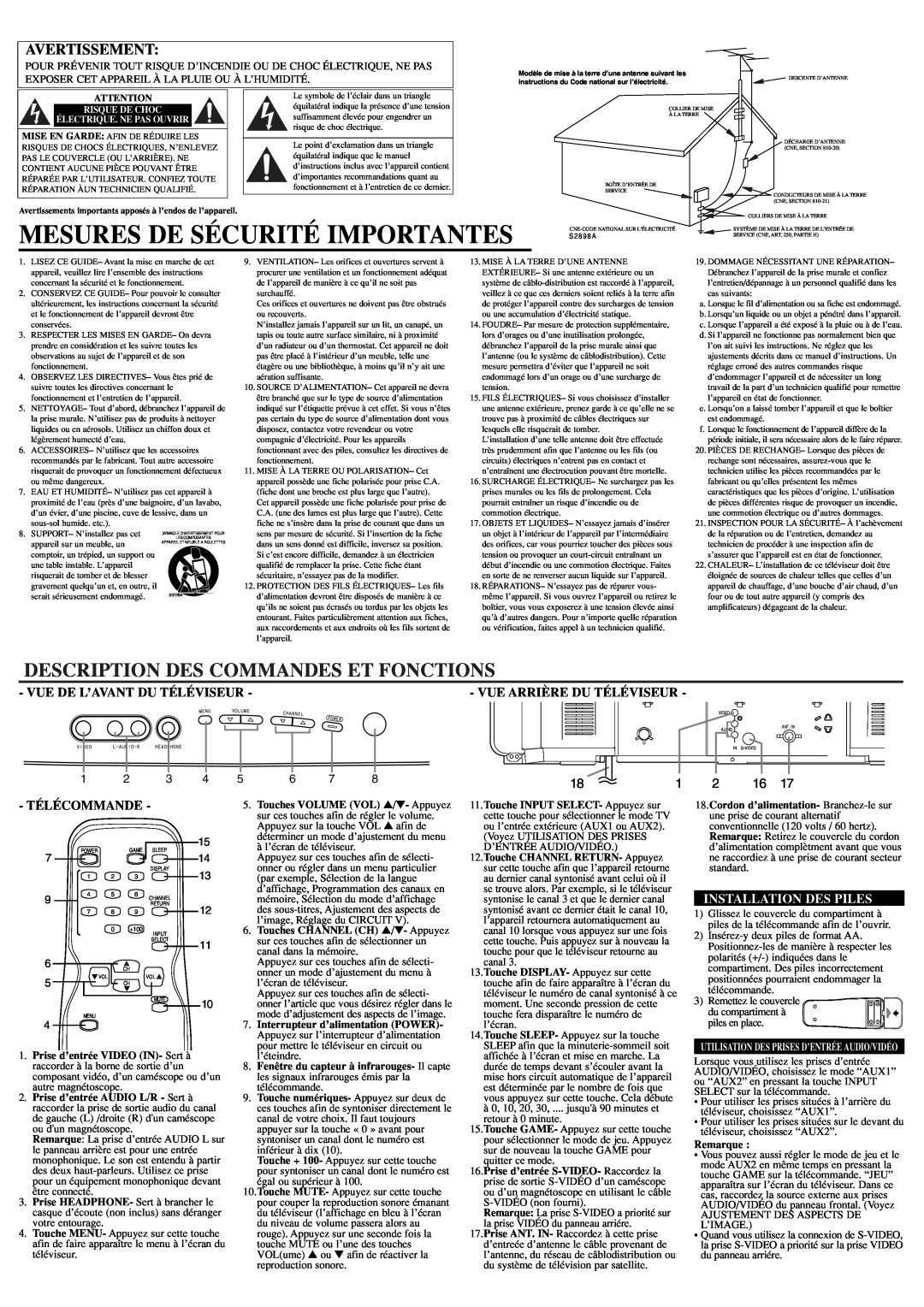 Sylvania RSDCT2704R Mesures De Sécurité Importantes, Description Des Commandes Et Fonctions, Vue De L’Avant Du Téléviseur 