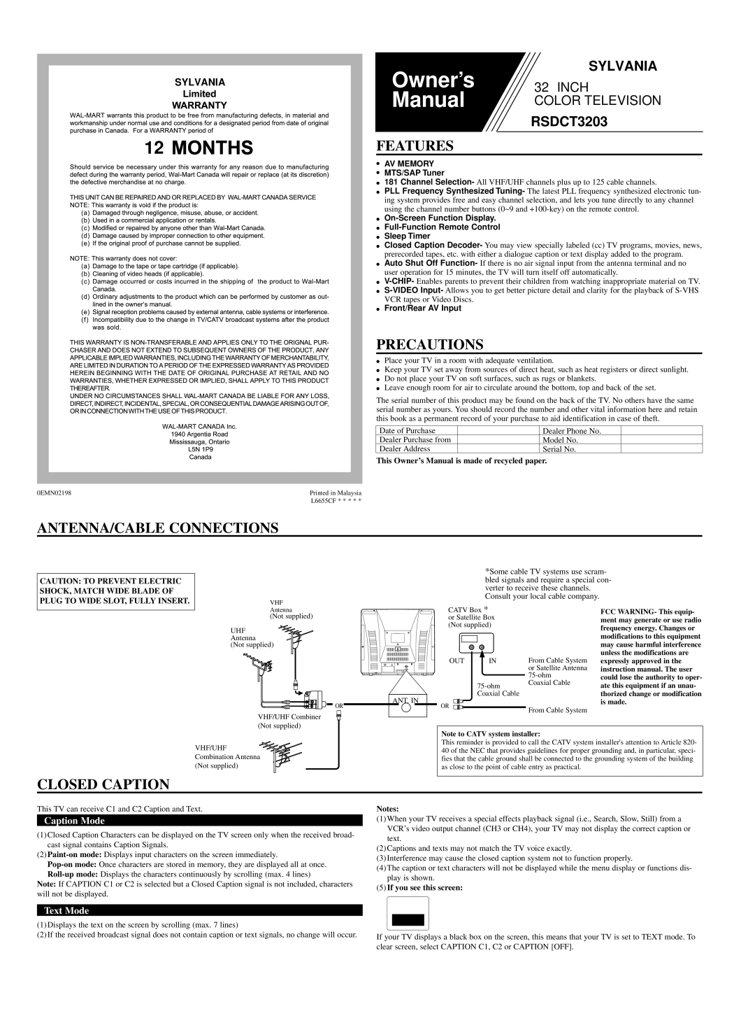 Sylvania RSDCT3203 owner manual Features, Precautions, ANTENNA/CABLE Connections, Closed Caption 