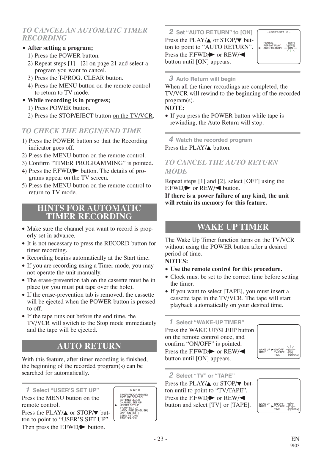 Sylvania RSEC313E owner manual Hints for Automatic Timer Recording, Auto Return, Wake UP Timer 