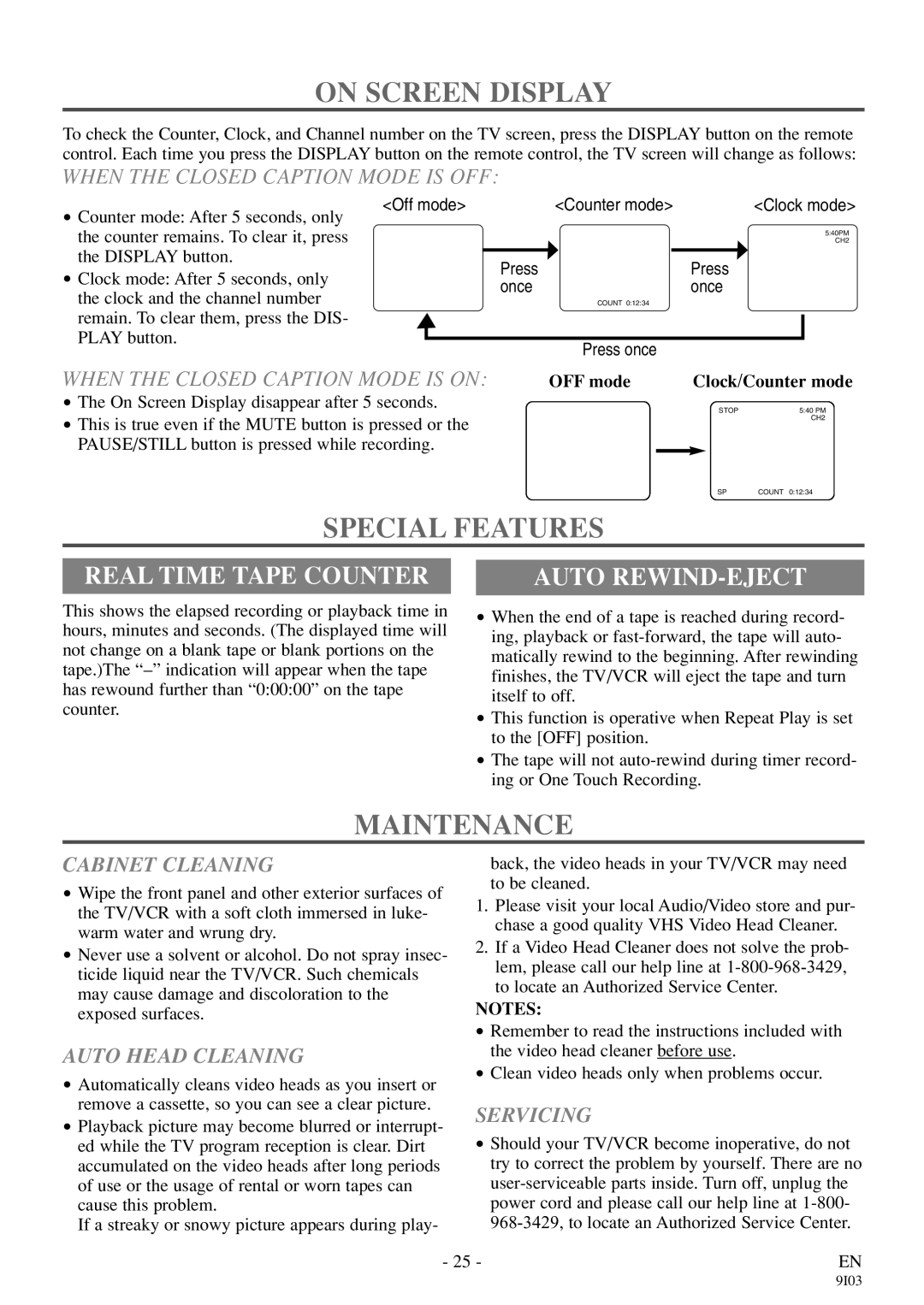 Sylvania RSEC313E owner manual On Screen Display, Special Features, Maintenance, Real Time Tape Counter, Auto REWIND-EJECT 