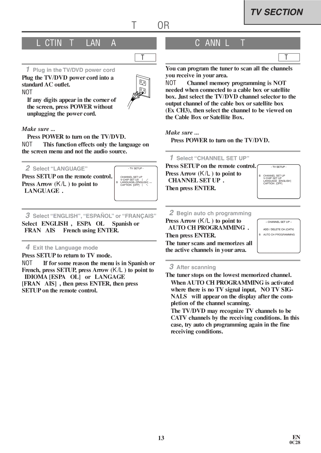 Sylvania RSEC520E owner manual SET UP for USE, Selecting the Language, Channel SET UP 