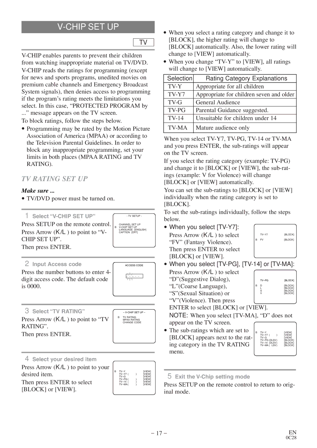 Sylvania RSEC520E owner manual Chip SET UP, TV Rating SET UP, Selection Rating Category Explanations, When you select TV-Y7 