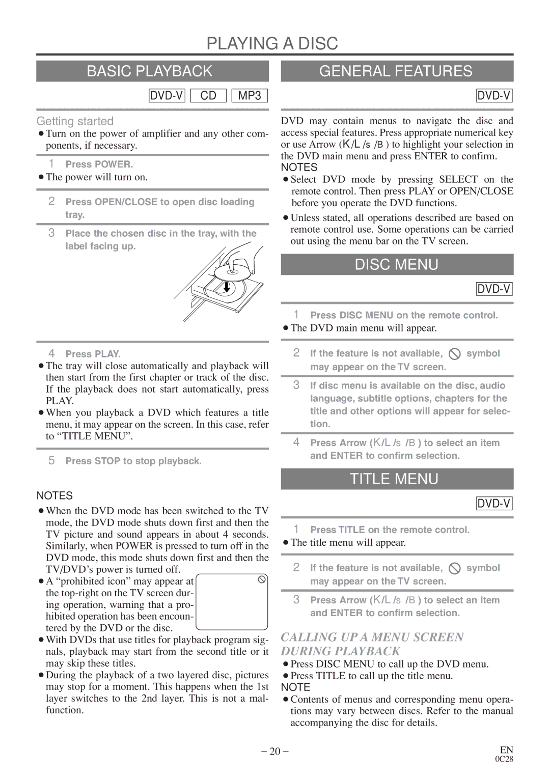 Sylvania RSEC520E owner manual Playing a Disc, Basic Playback General Features, Disc Menu, Title Menu 