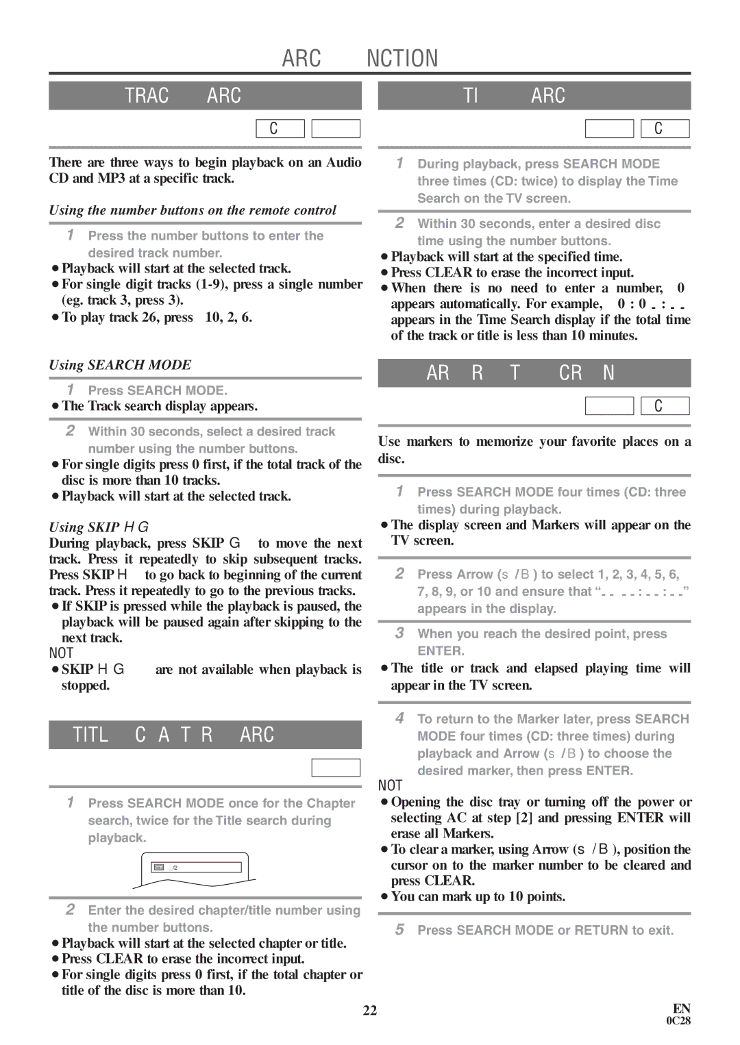 Sylvania RSEC520E owner manual Search Function, Track Search Time Search, Marker Setup Screen, Title / Chapter Search 