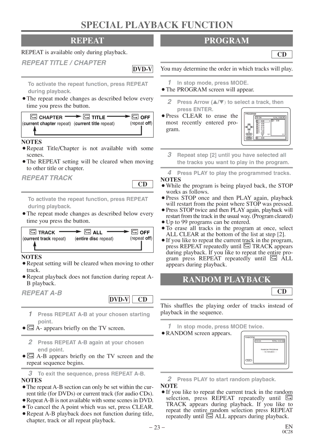 Sylvania RSEC520E owner manual Special Playback Function, Repeatprogram, Random Playback 