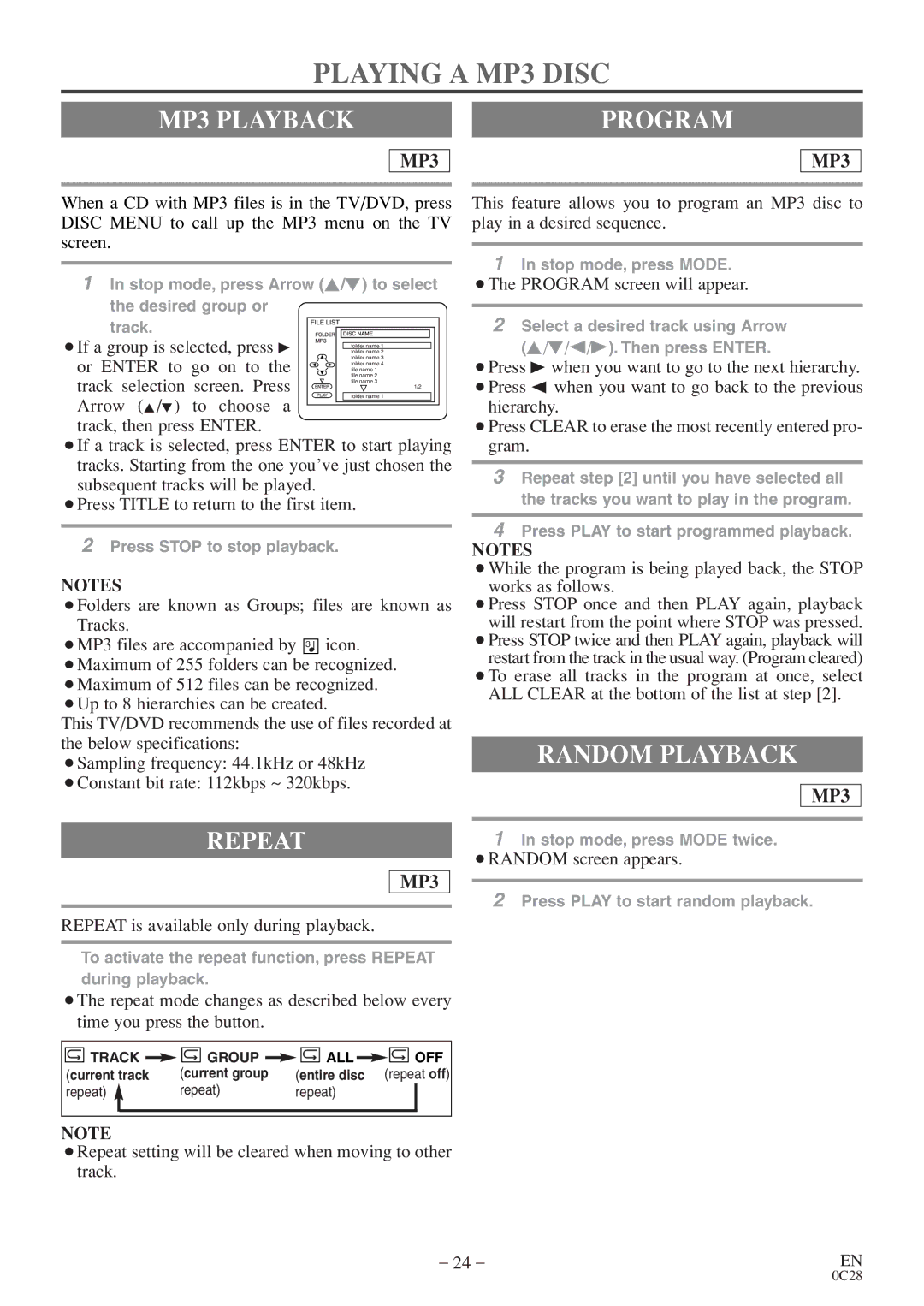 Sylvania RSEC520E owner manual Playing a MP3 Disc, MP3 Playback, Program, Repeat 