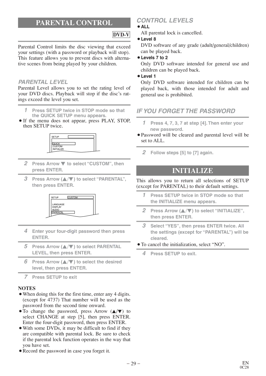 Sylvania RSEC520E owner manual Parental Control, Initialize 