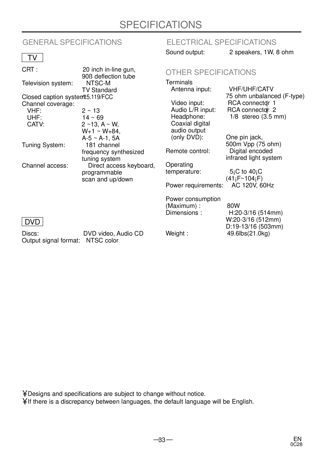 Sylvania RSEC520E owner manual General Specifications, Electrical Specifications, Other Specifications 