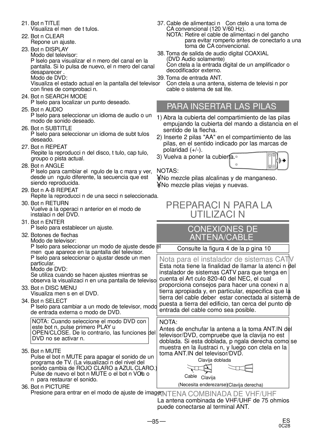 Sylvania RSEC520E owner manual Preparación Para LA Utilización, Para Insertar LAS Pilas, Conexiones DE ANTENA/CABLE 