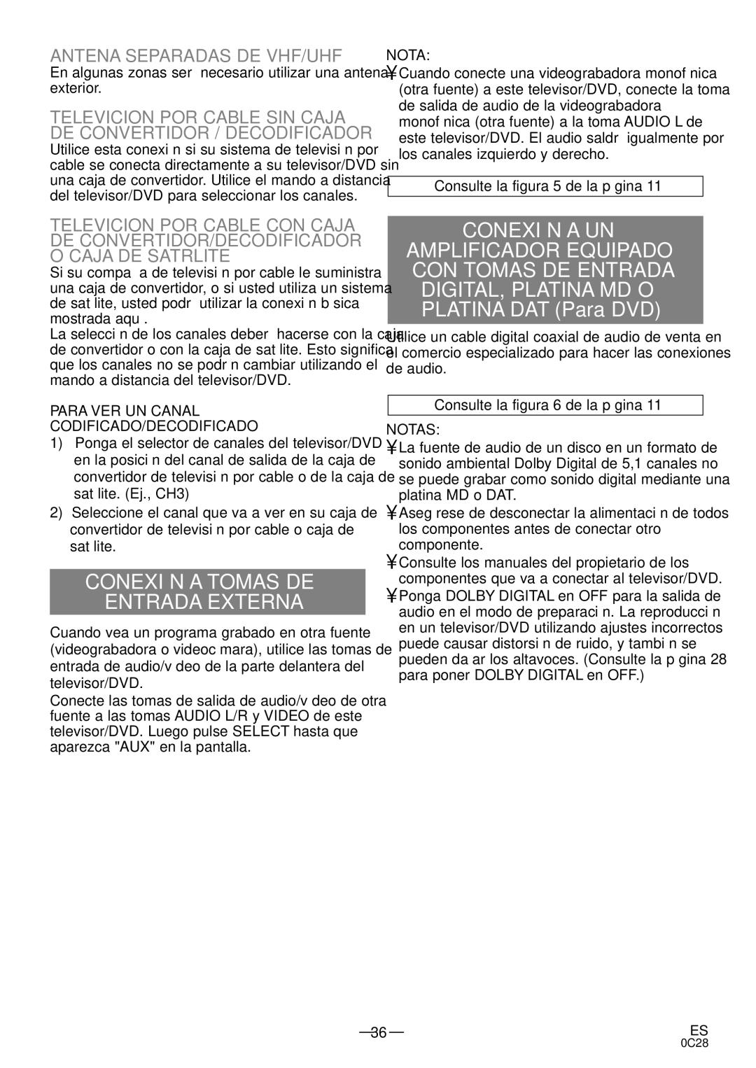 Sylvania RSEC520E owner manual Conexión a Tomas DE Entrada Externa, Conexión a UN, Antena Separadas DE VHF/UHF 