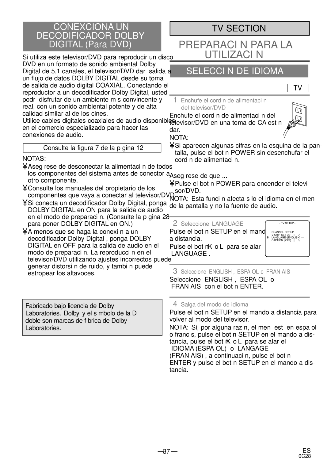 Sylvania RSEC520E owner manual Conexciona UN Decodificador Dolby, Selección DE Idioma, Consulte la figura 7 de la página 