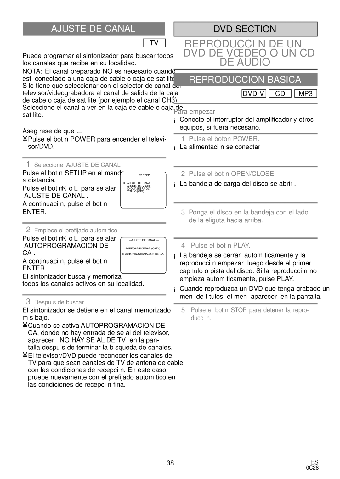 Sylvania RSEC520E owner manual Ajuste DE Canal, Reproduccion Basica, Autoprogramacion DE 