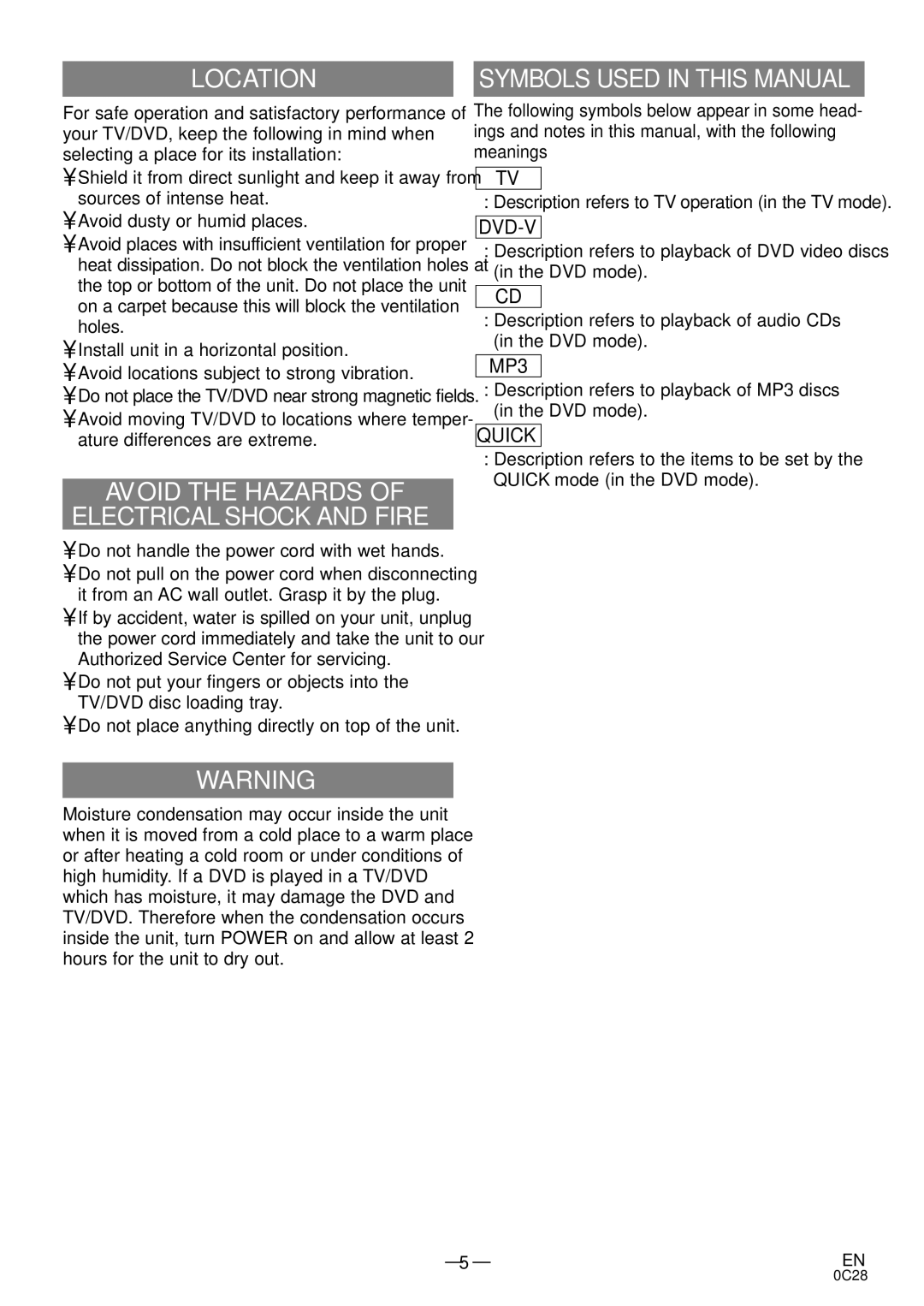 Sylvania RSEC520E owner manual Location, Avoid the Hazards Electrical Shock and Fire 