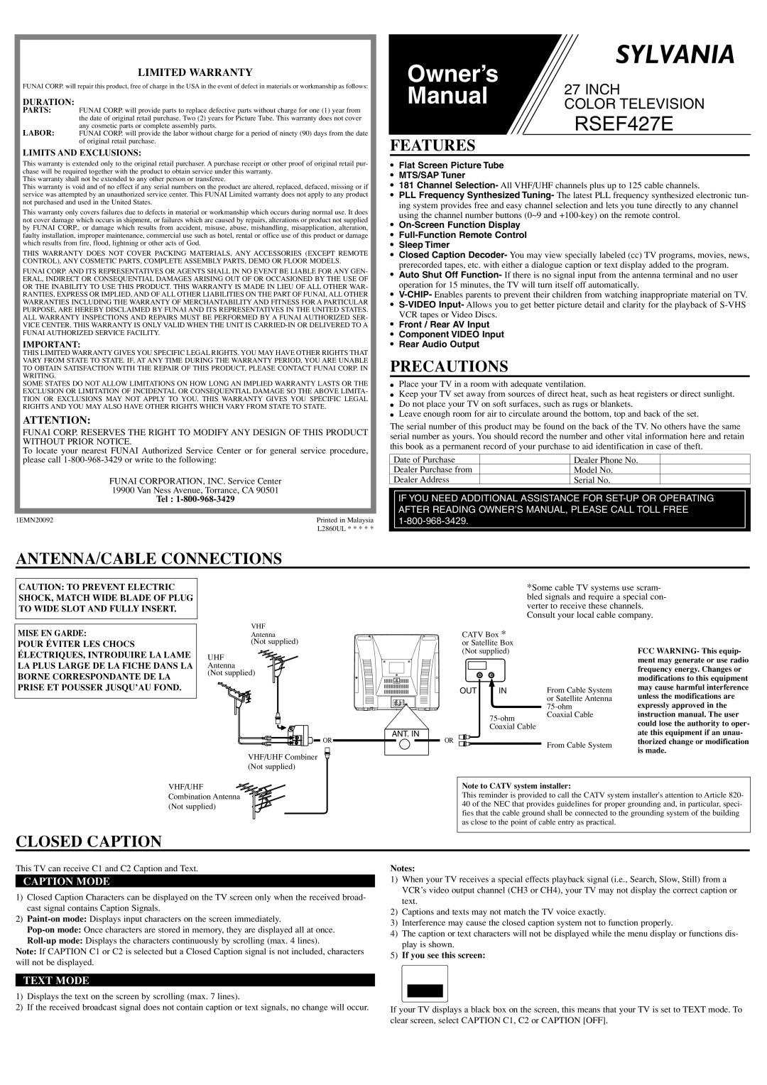 Sylvania RSEF427E owner manual Features, Precautions, ANTENNA/CABLE Connections, Closed Caption 