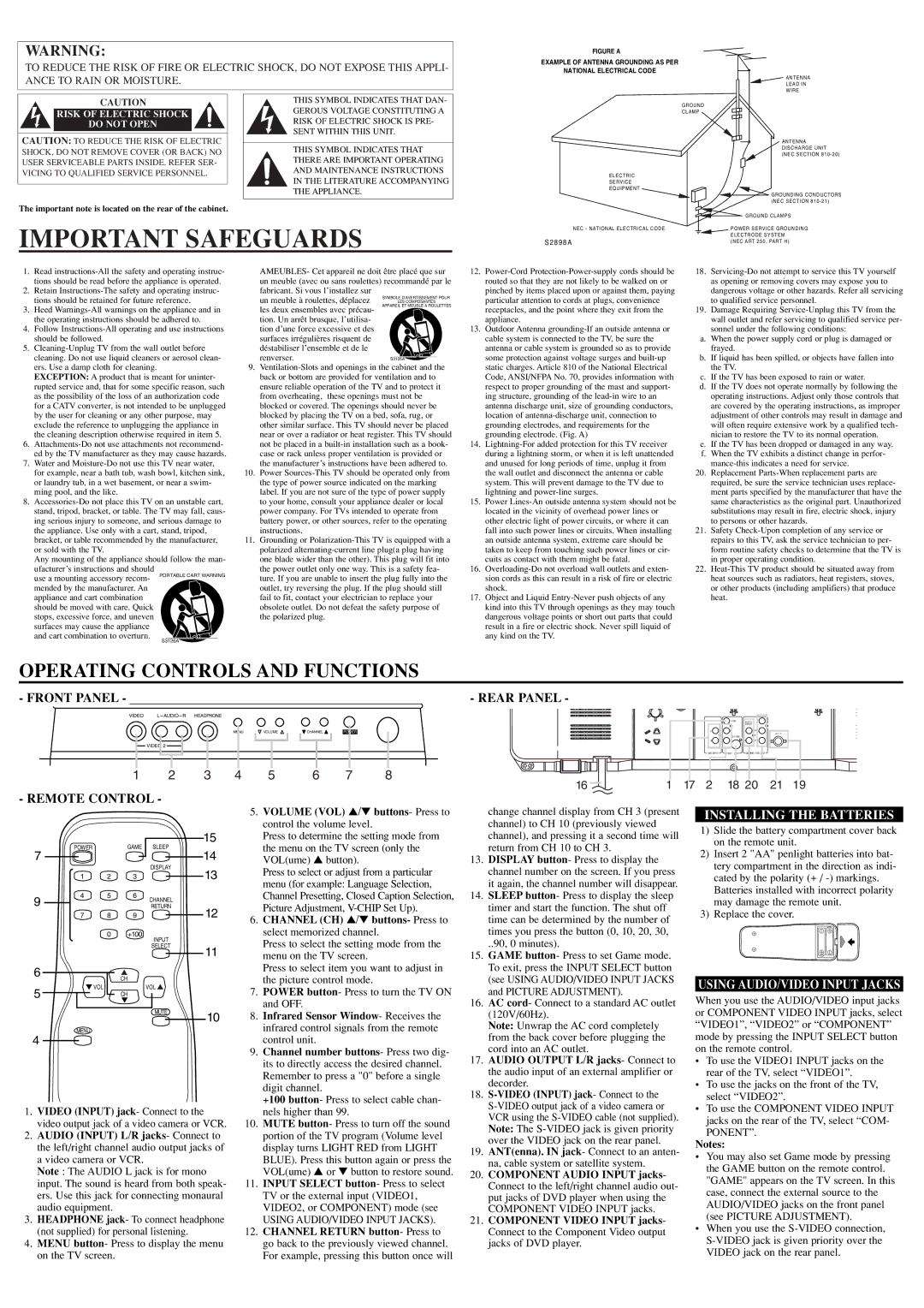 Sylvania RSEF427E Important Safeguards, Remote Control Rear Panel, Installing the Batteries, Using AUDIO/VIDEO Input Jacks 