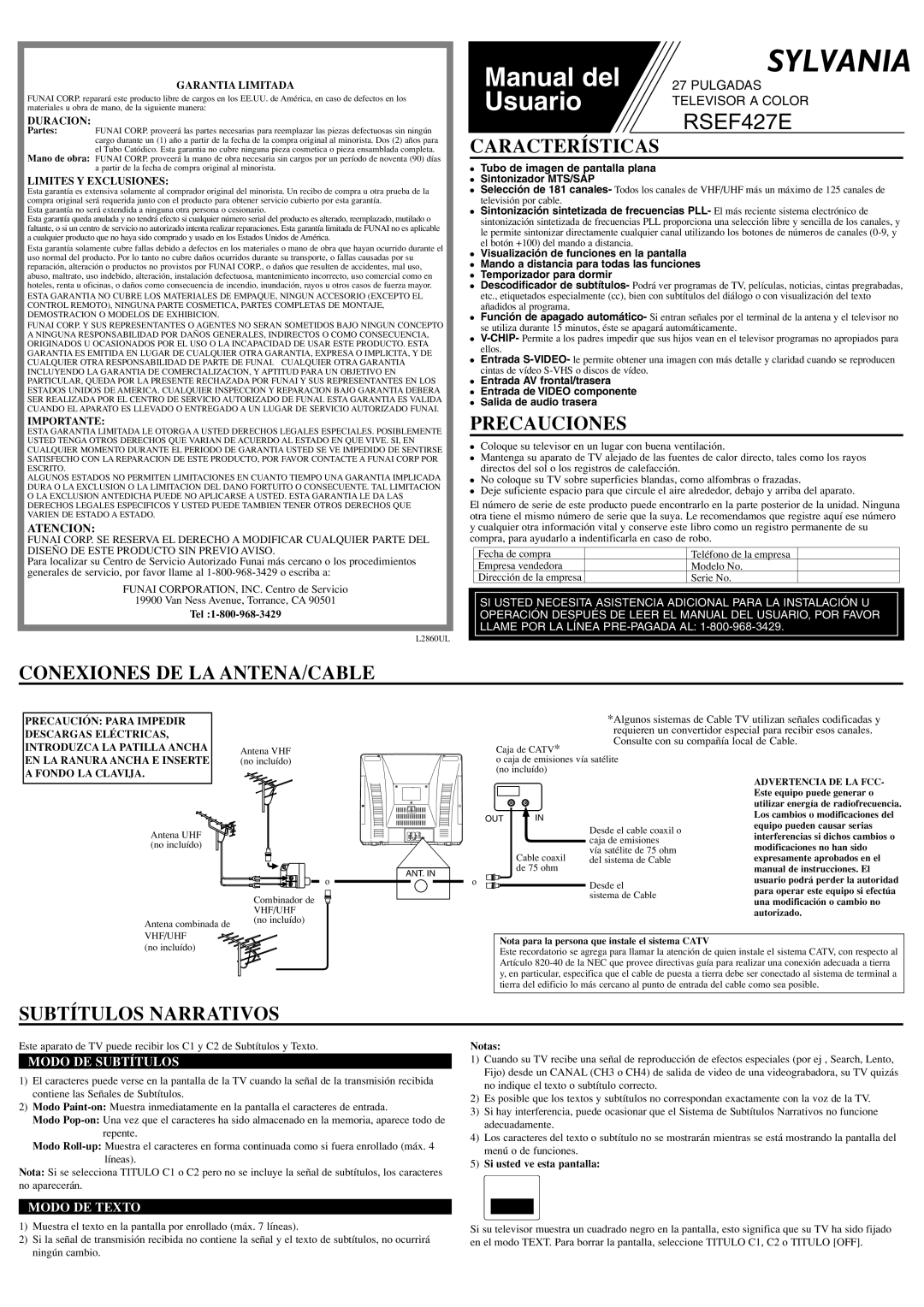 Sylvania RSEF427E owner manual Características, Precauciones, Conexiones DE LA ANTENA/CABLE, Subtítulos Narrativos 