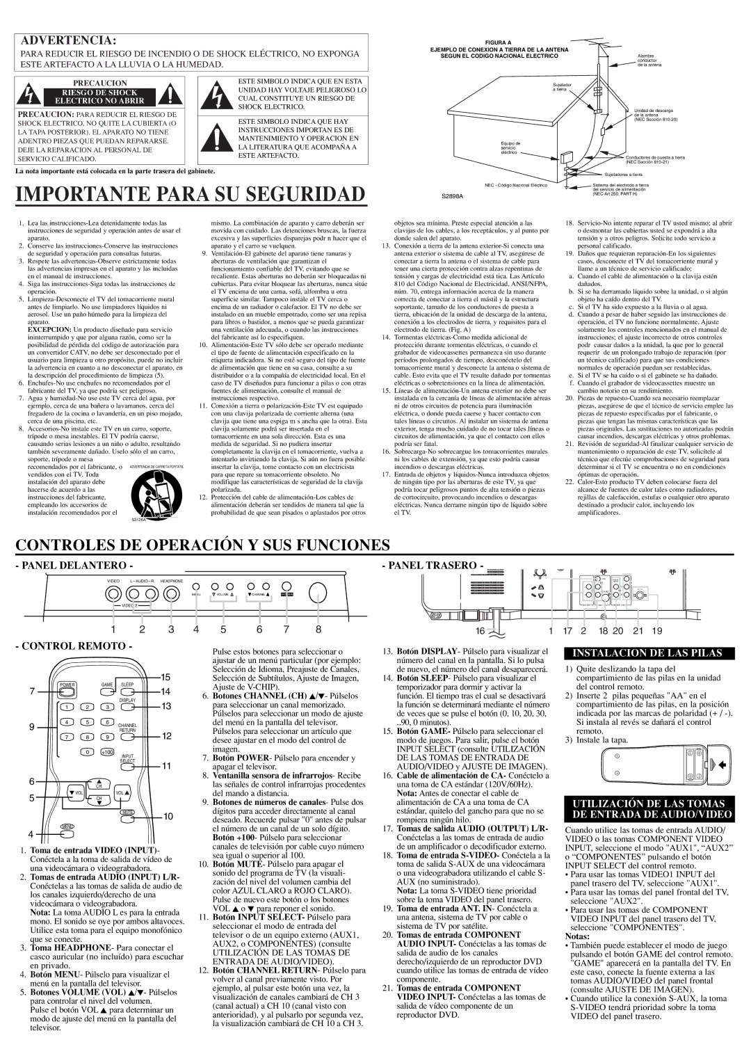 Sylvania RSEF427E owner manual Importante Para SU Seguridad, Panel Trasero, Control Remoto, Instalacion DE LAS Pilas 