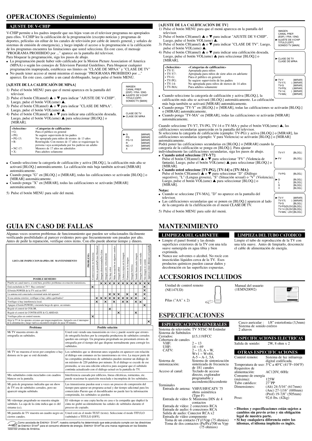 Sylvania RSEF427E Operaciones Seguimiento, Guia EN Caso DE Fallas, Mantenimiento, Accesorios Incluidos, Especificaciones 