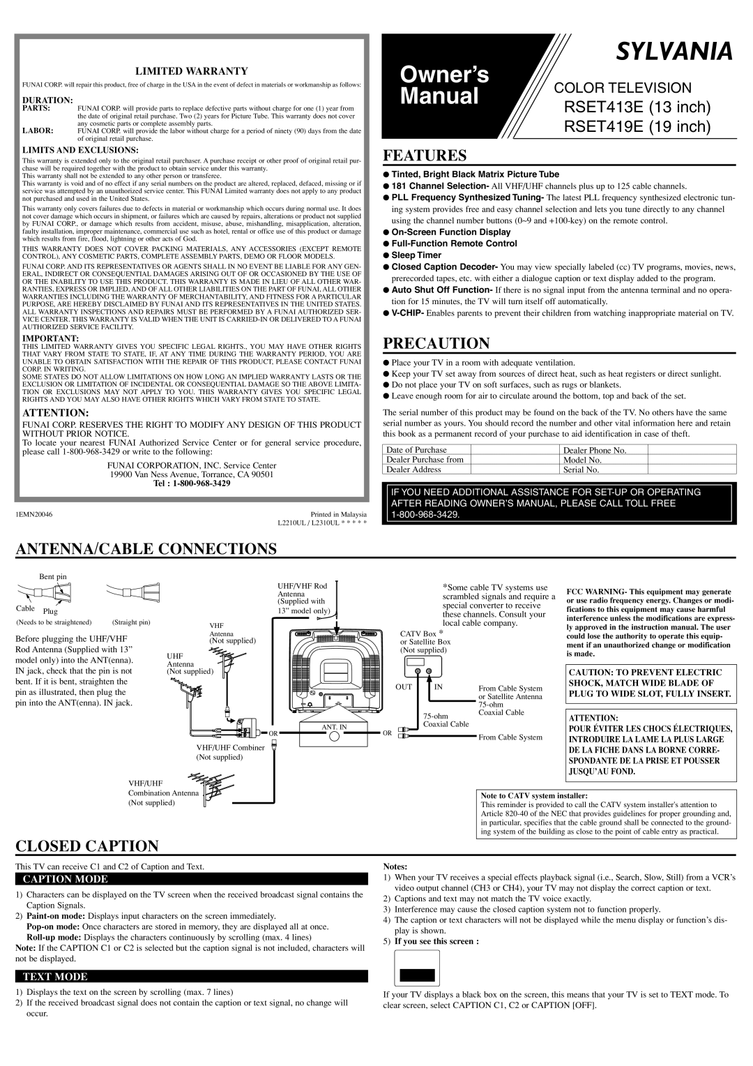 Sylvania RSET413E, RSET419E owner manual Features, Precaution, ANTENNA/CABLE Connections, Closed Caption 