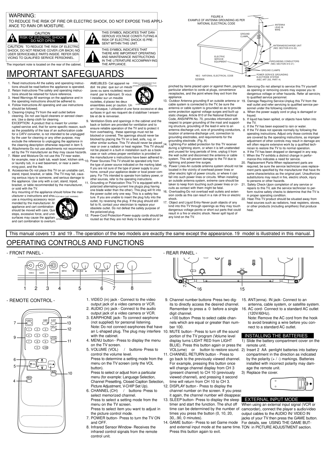 Sylvania RSET413E, RSET419E owner manual Important Safeguards, Operating Controls and Functions, Installing the Batteries 