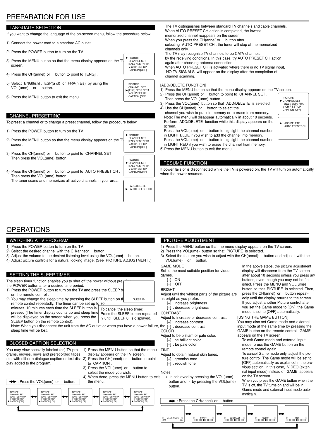 Sylvania RSET413E, RSET419E owner manual Preparation for USE, Operations 