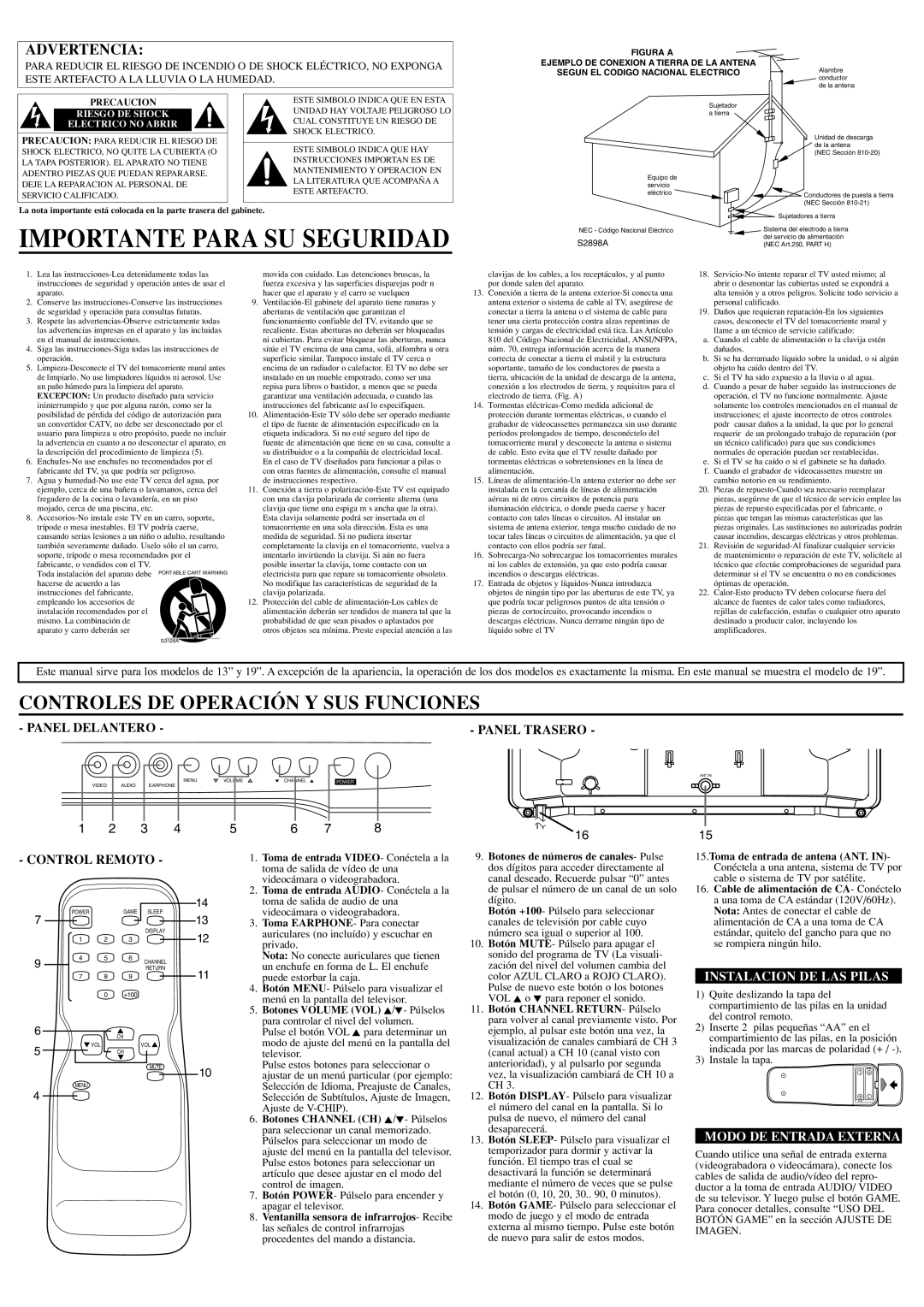 Sylvania RSET413E, RSET419E owner manual Importante Para SU Seguridad, Panel Delantero Panel Trasero, Control Remoto 