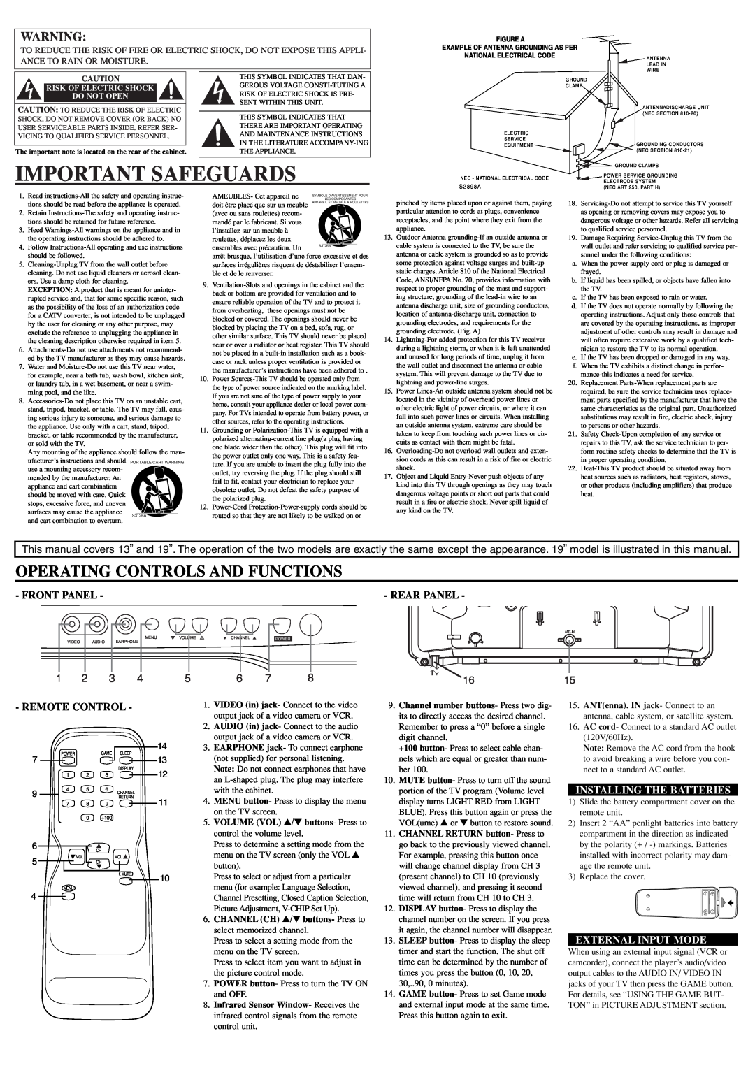 Sylvania RSET413E, RSET419E owner manual Important Safeguards, Operating Controls And Functions, Front Panel, Rear Panel 