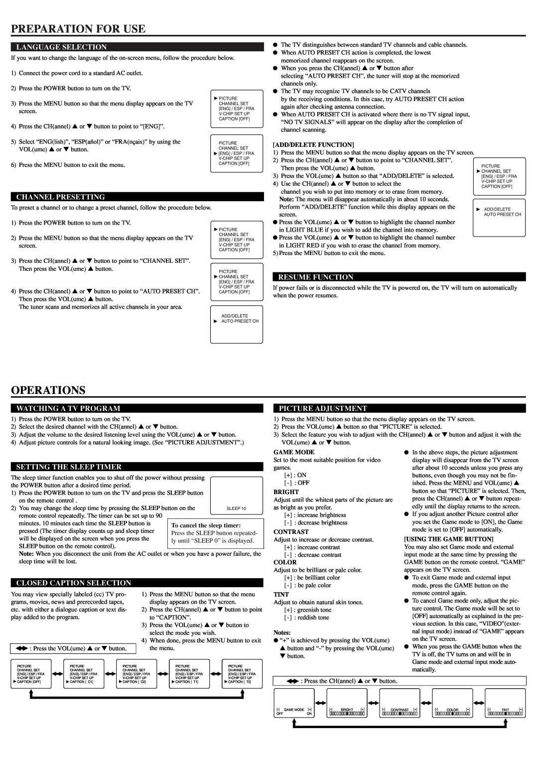 Sylvania RSET413E, RSET419E Preparation For Use, Operations, Language Selection, Channel Presetting, Resume Function 