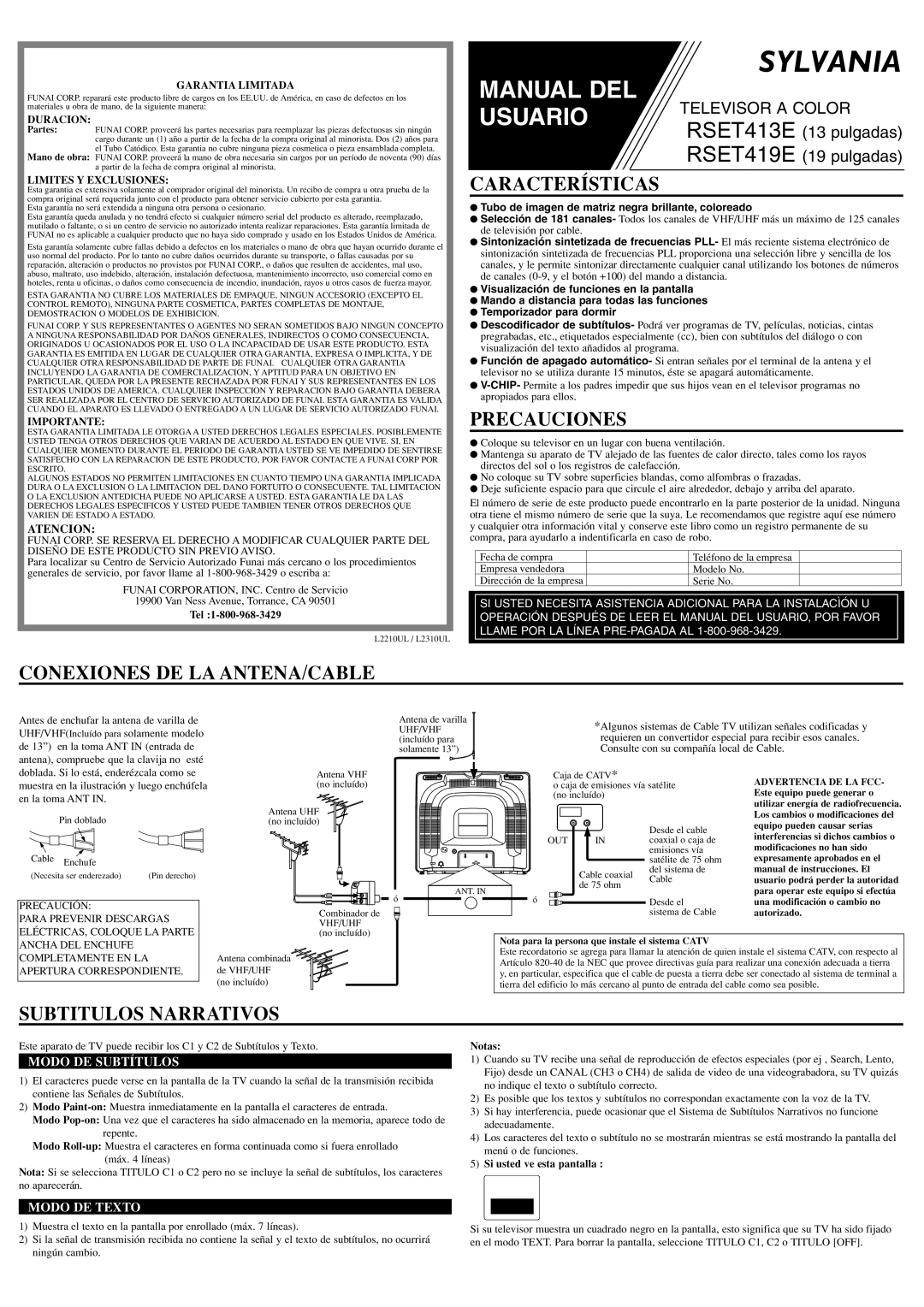 Sylvania RSET413E, RSET419E Características, Precauciones, Conexiones De La Antena/Cable, Subtitulos Narrativos, Sylvania 