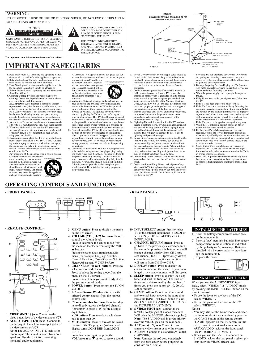 Sylvania RSET432E owner manual Important Safeguards, Rear Panel, Remote Control, Installing the Batteries 