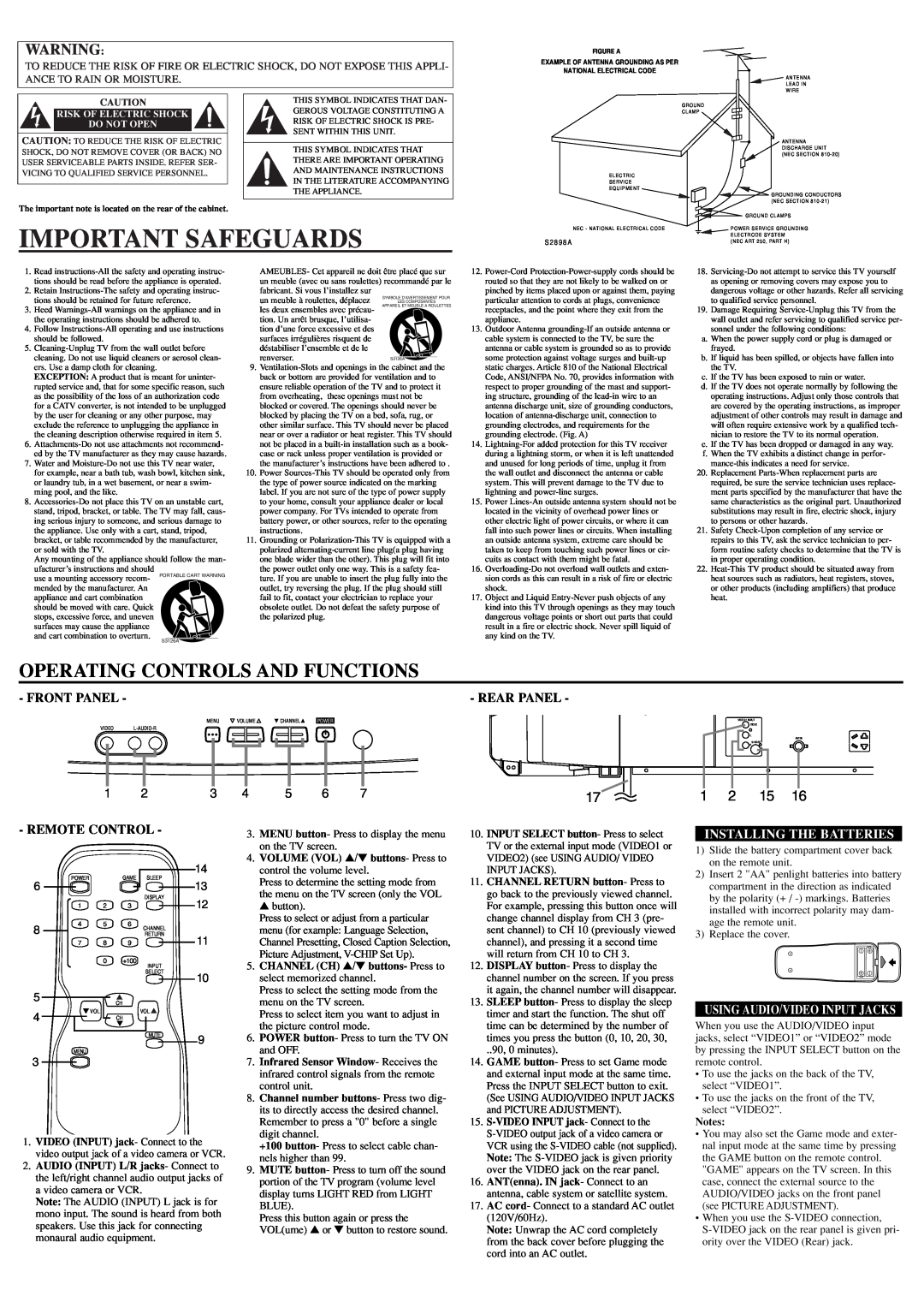 Sylvania RSET432E owner manual Important Safeguards, 1 2 15, Rear Panel, Remote Control, Installing The Batteries, 4 5 6 