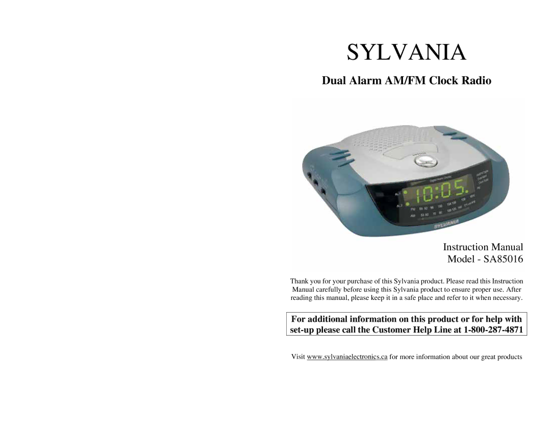 Sylvania instruction manual Dual Alarm AM/FM Clock Radio, Model SA85016 