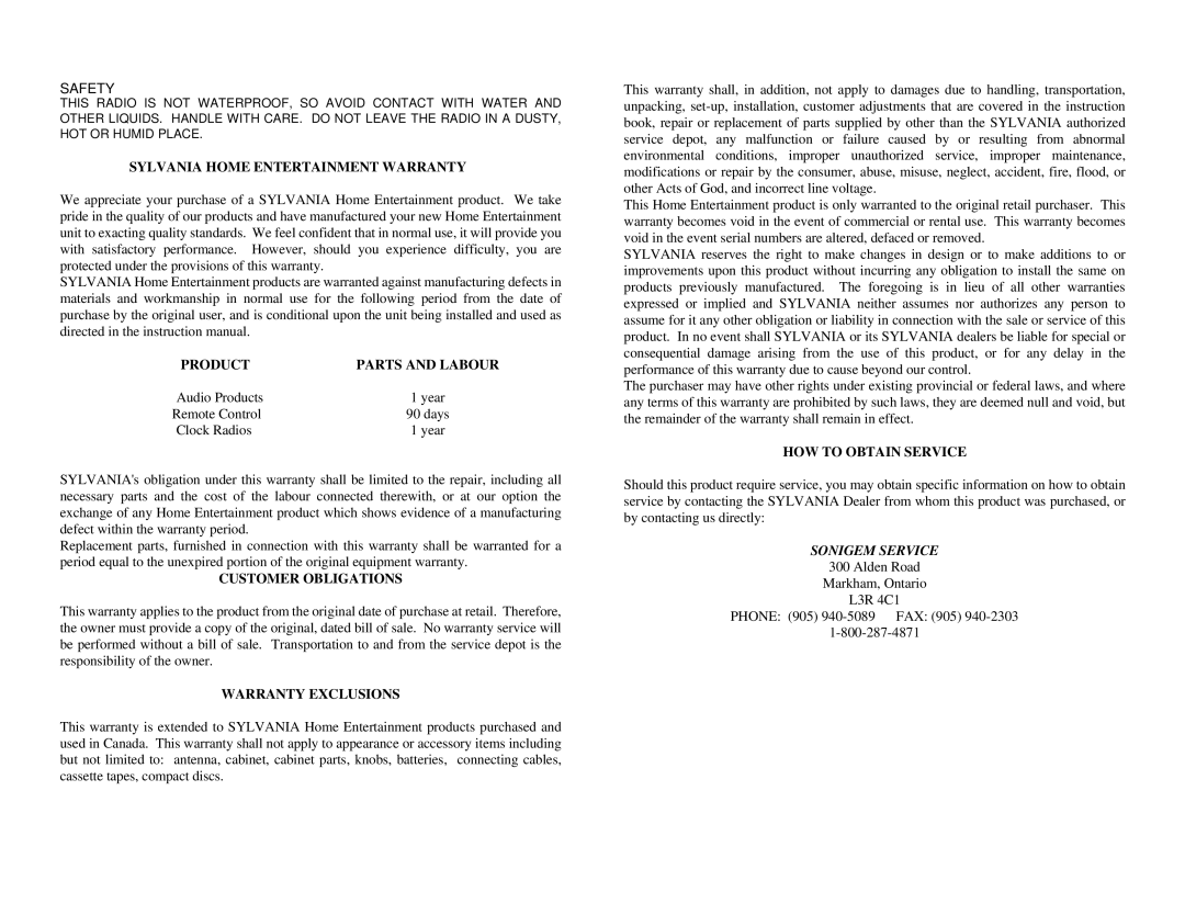 Sylvania SA85016 instruction manual Sonigem Service 