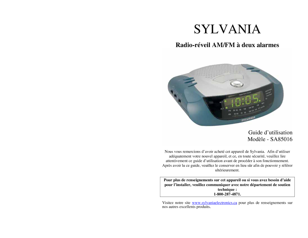 Sylvania instruction manual Radio-réveil AM/FM à deux alarmes, Guide d’utilisation Modèle SA85016 