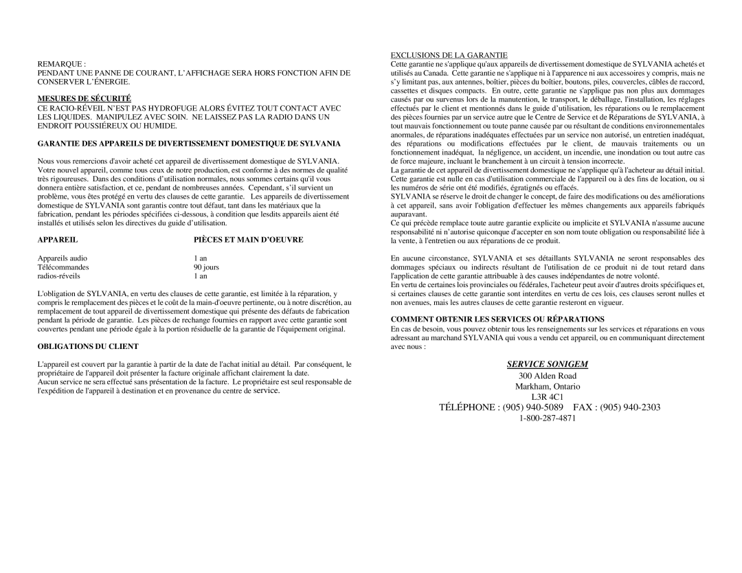 Sylvania SA85016 instruction manual Mesures DE Sécurité, Appareil Pièces ET Main D’OEUVRE, Obligations DU Client 