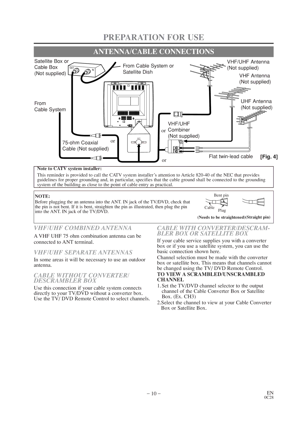 Sylvania SC519DD Preparation for USE, ANTENNA/CABLE Connections, VHF/UHF Combined Antenna, VHF/UHF Separate Antennas 