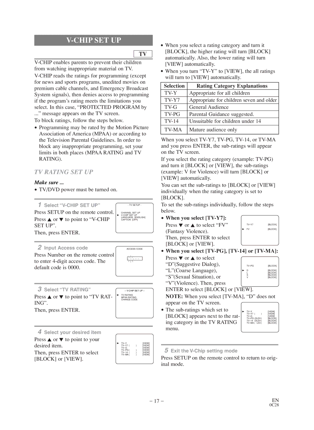 Sylvania SC519DD owner manual Chip SET UP, TV Rating SET UP, Selection Rating Category Explanations, When you select TV-Y7 