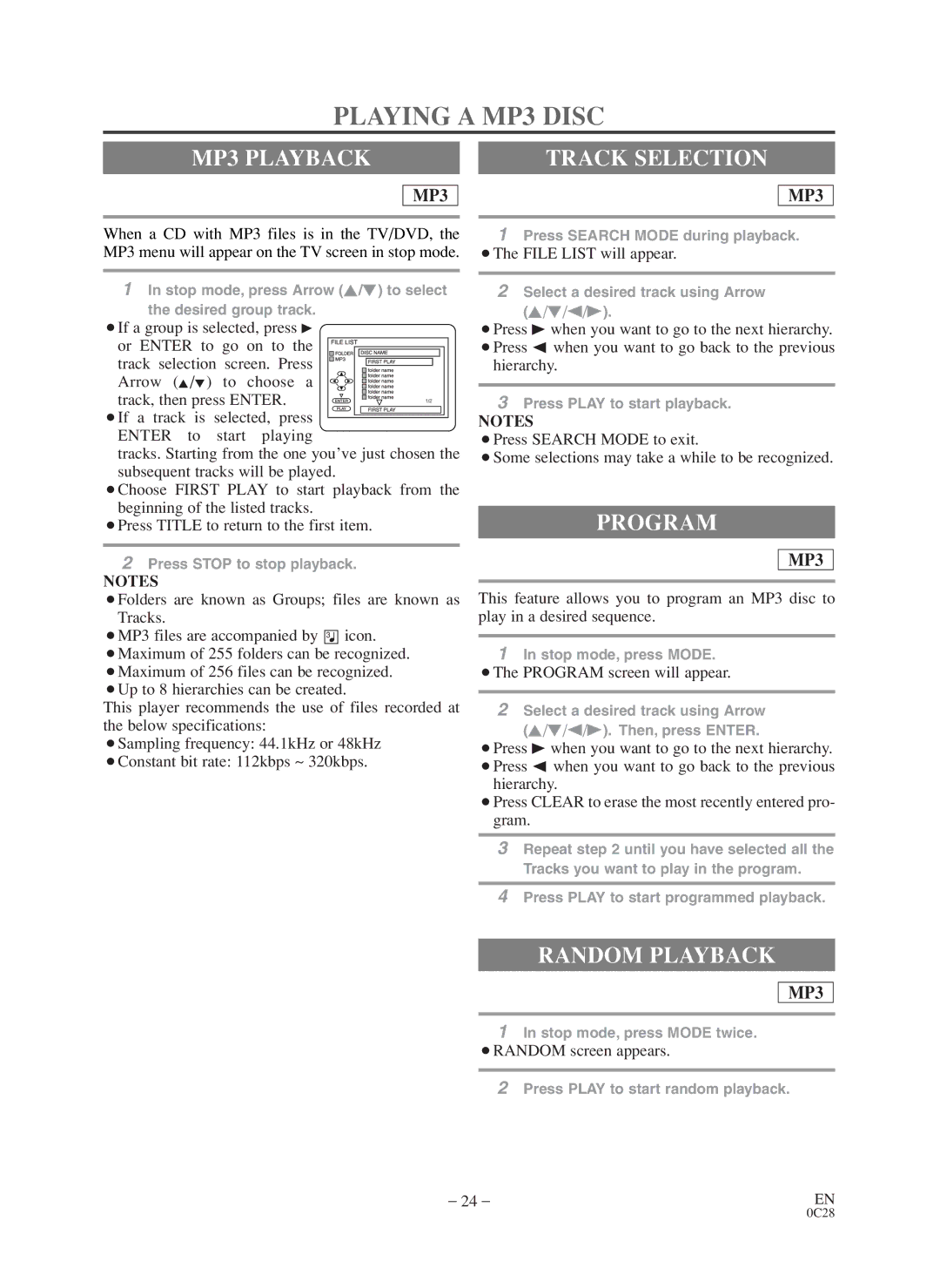 Sylvania SC519DD owner manual Playing a MP3 Disc, MP3 Playback, Track Selection, Program, ¡The File List will appear 