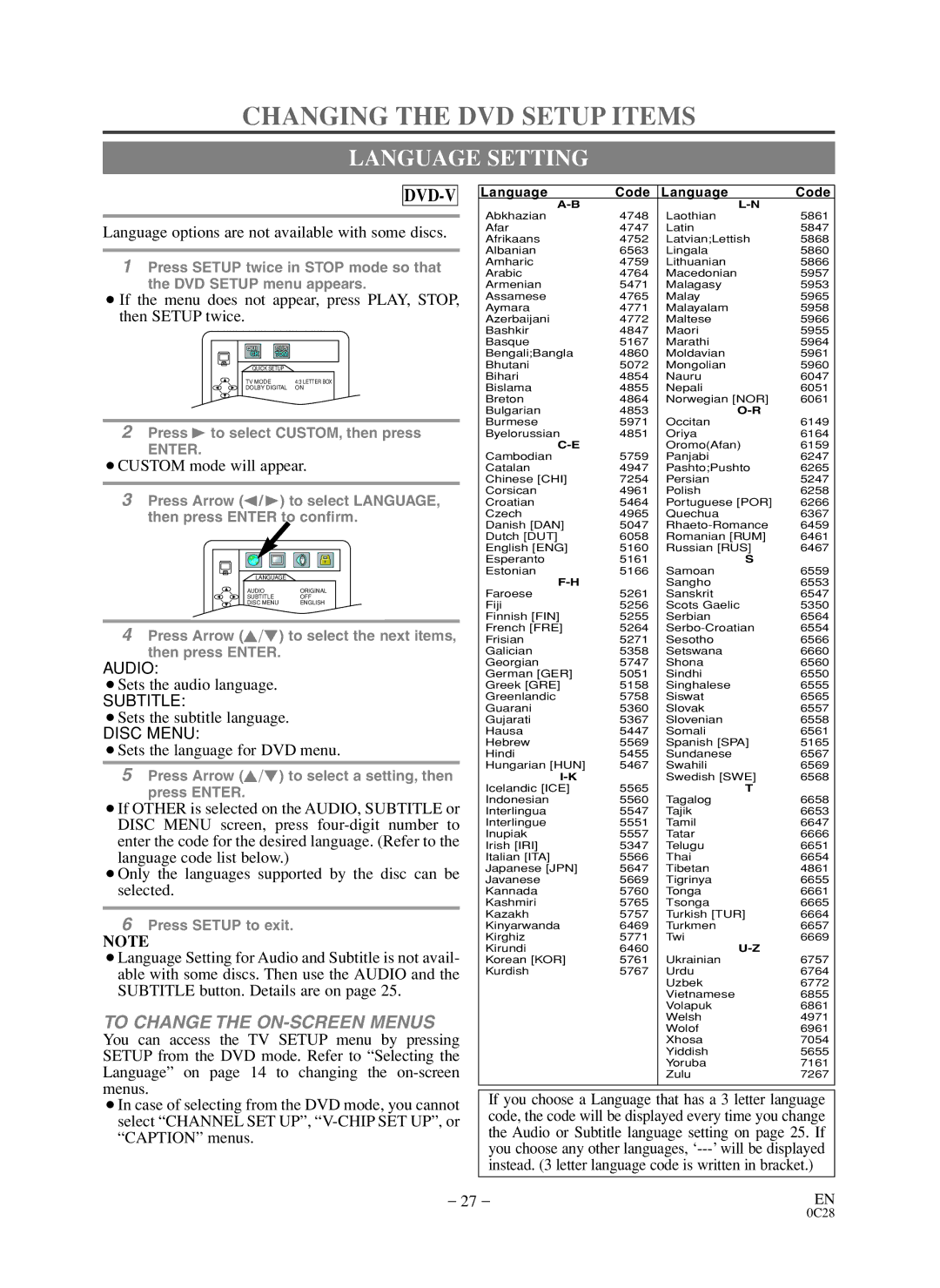 Sylvania SC519DD owner manual Changing the DVD Setup Items, Language Setting 