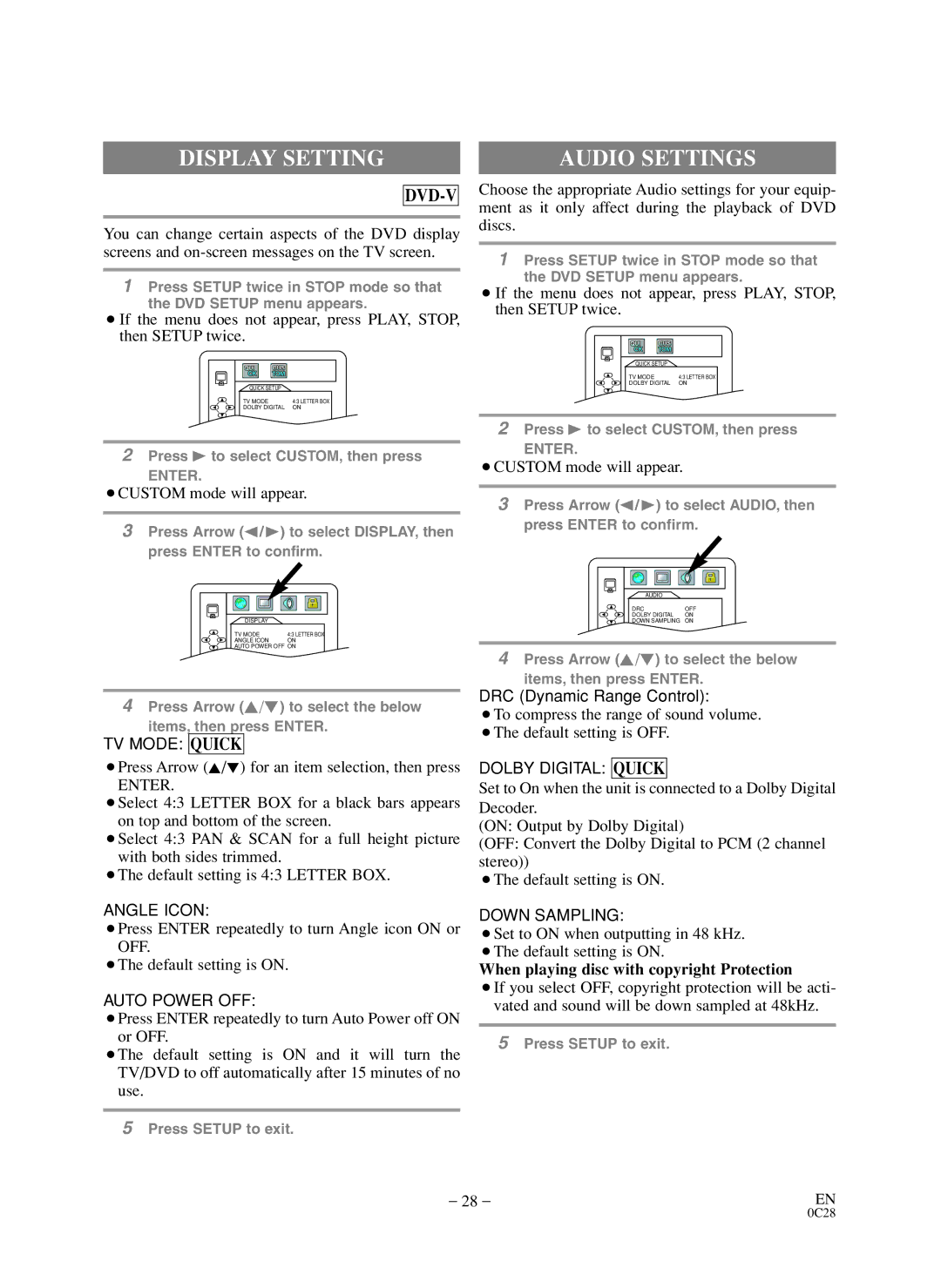 Sylvania SC519DD owner manual Display Setting, Audio Settings, ¡Press Arrow K/L for an item selection, then press, Enter 