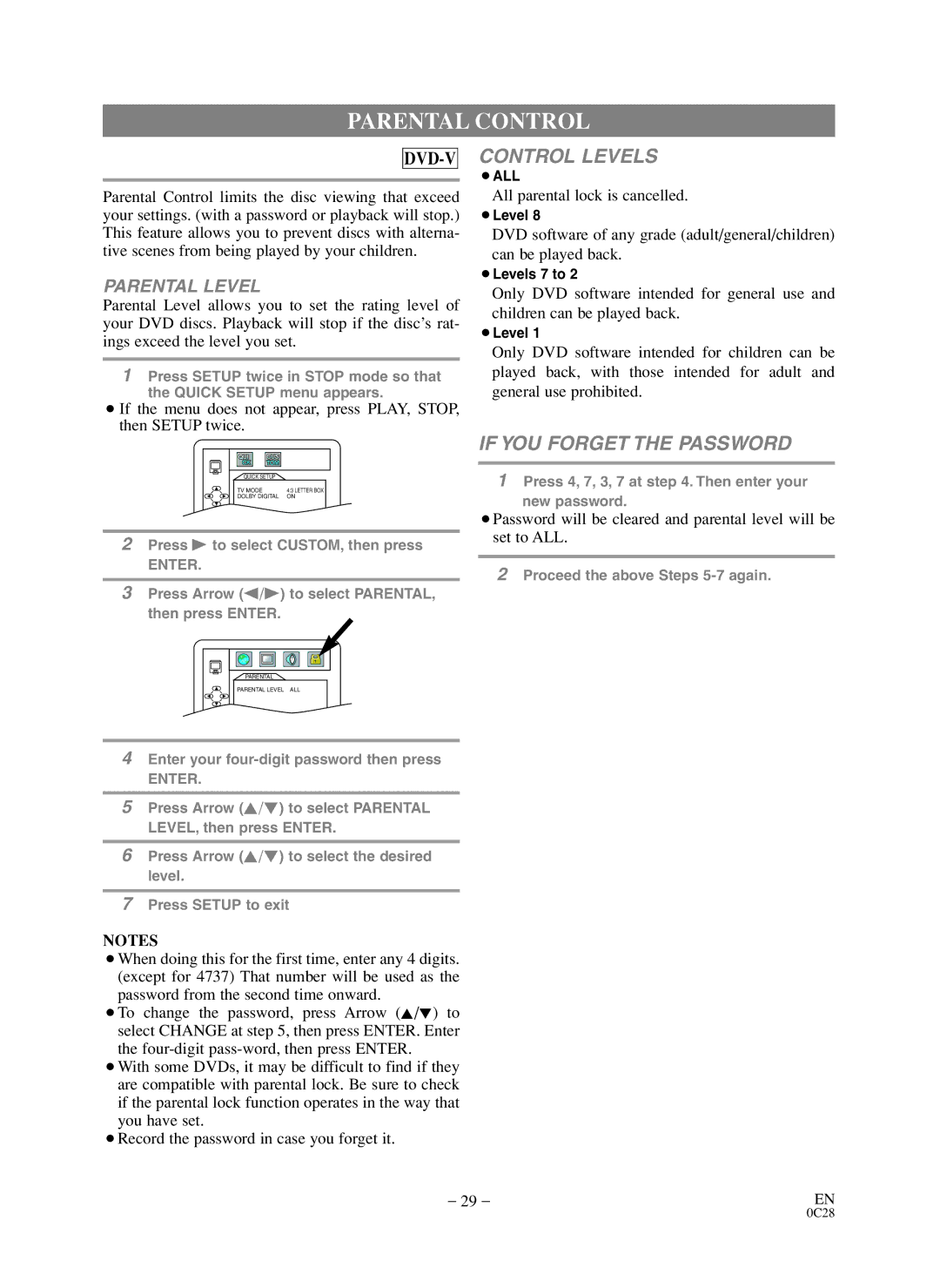 Sylvania SC519DD owner manual Parental Control, All parental lock is cancelled 