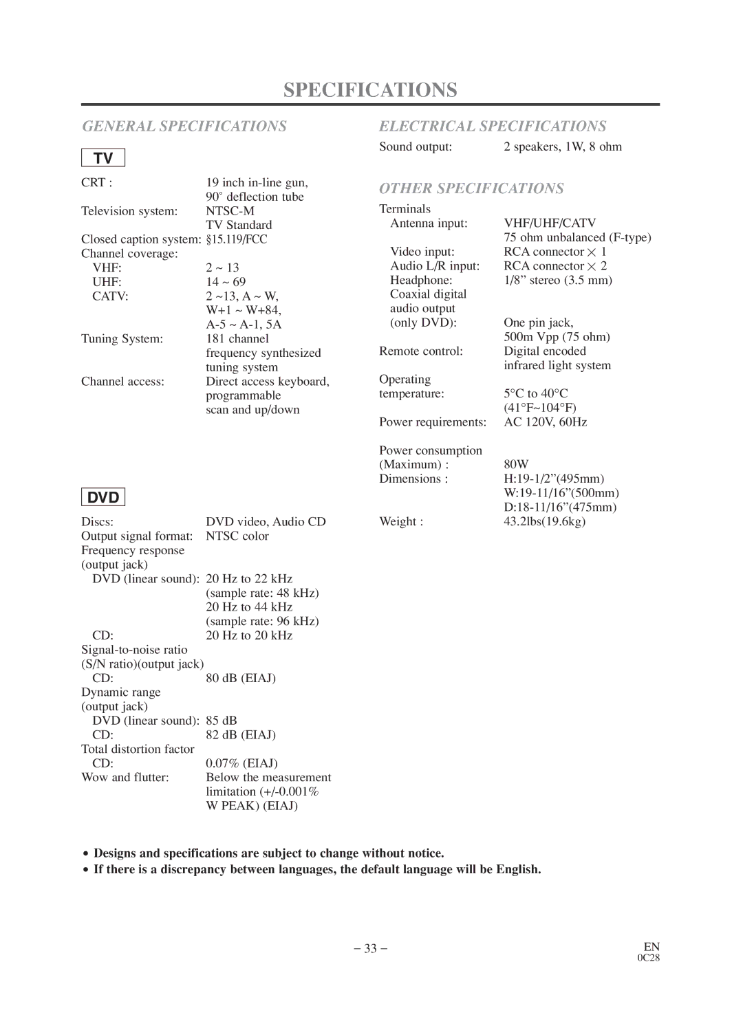 Sylvania SC519DD owner manual General Specifications, Electrical Specifications, Other Specifications 