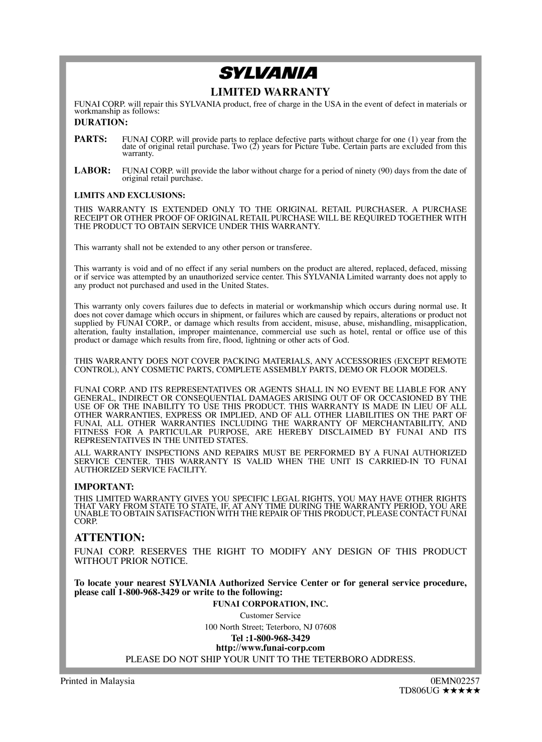 Sylvania SC519DD owner manual Duration, Tel, Please do not Ship Your Unit to the Teterboro Address, 0EMN022, TD806UG 