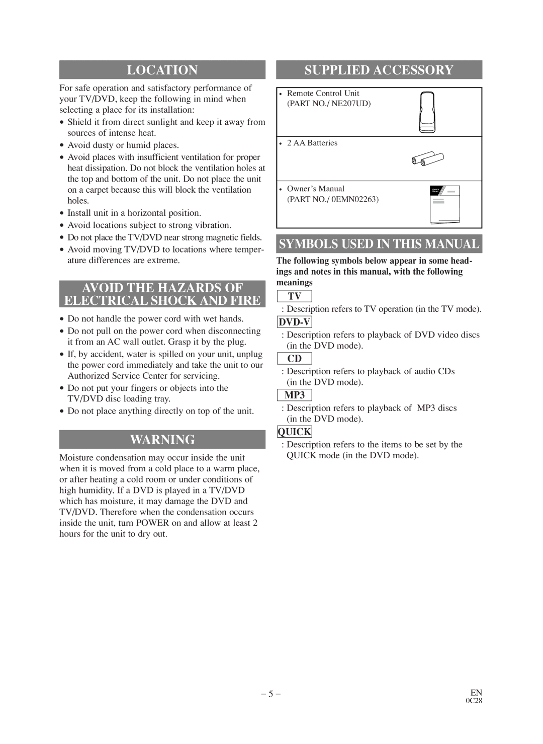 Sylvania SC519DD owner manual Location, Supplied Accessory, Symbols Used in this Manual 