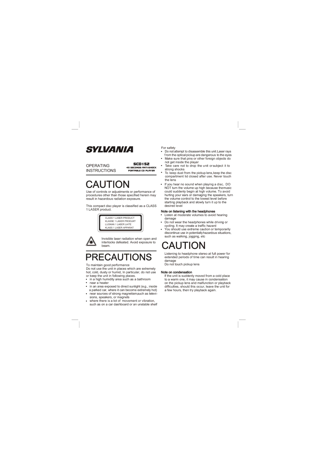 Sylvania SCD152 operating instructions Precautions 