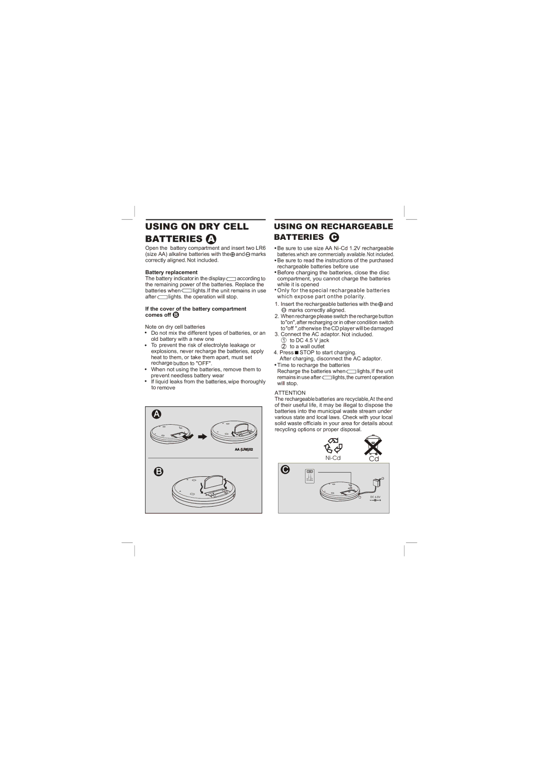 Sylvania SCD152 Using on DRY Cell Batteries a, Battery replacement, If the cover of the battery compartment comes off B 