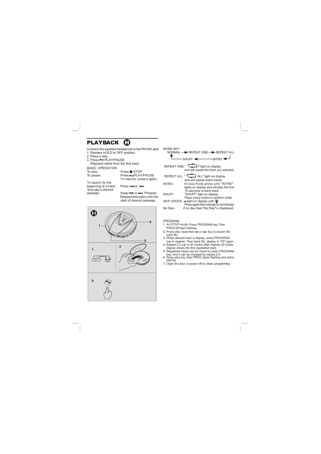 Sylvania SCD152 operating instructions Playback H, Mode KEY Normal Repeat ONE Repeat ALL Shuff Intro 